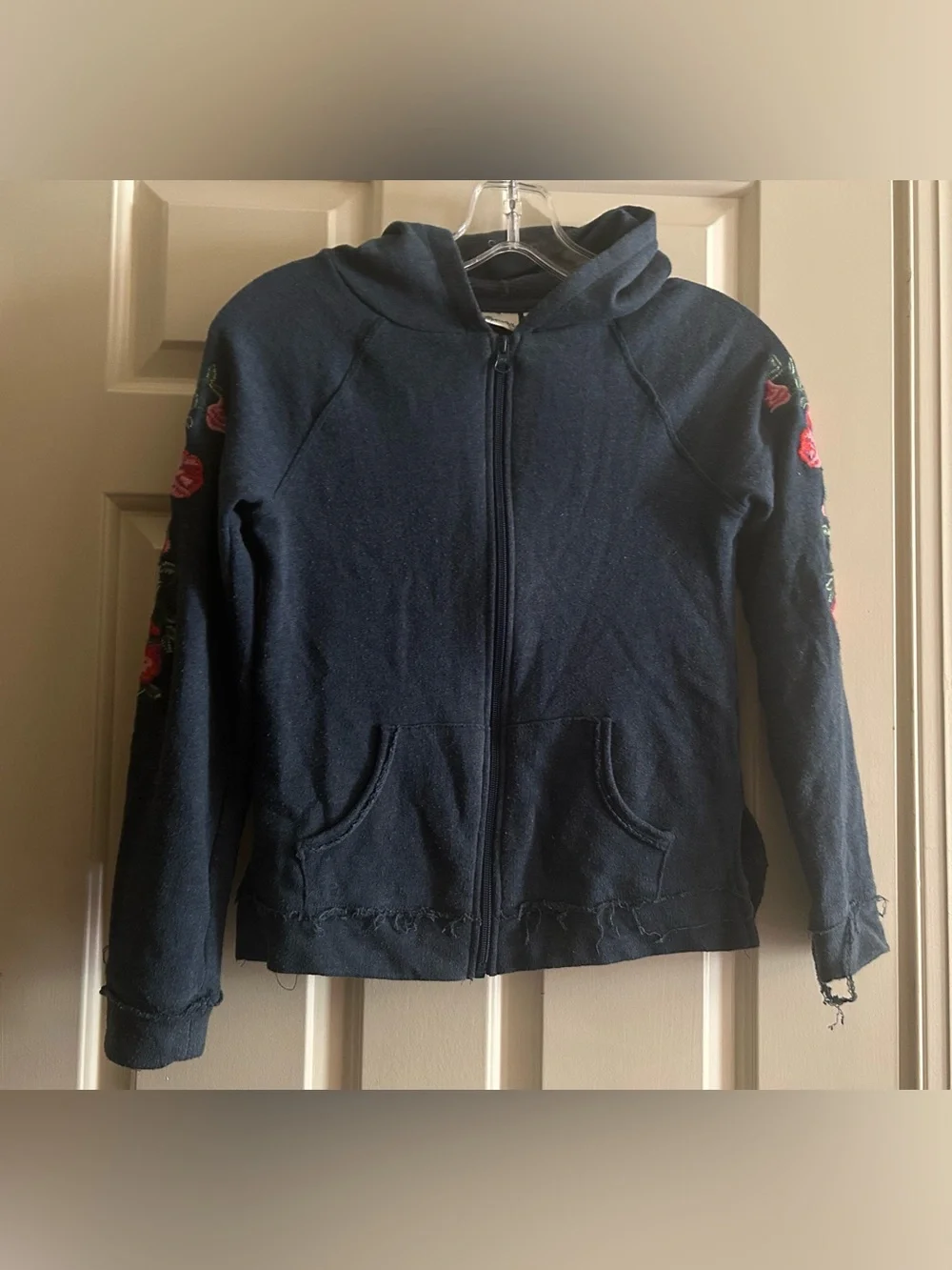 Mudd Girls Black Zip-Up Hoodie with Floral Embroidery Size 10